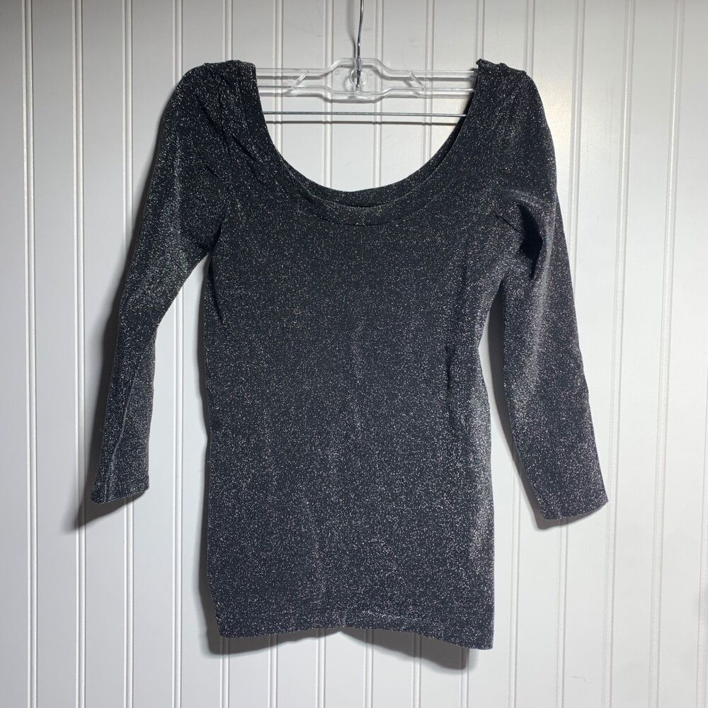 Cache Top Womens Black 3/4 Sleeve Metallic Silver Glitter Y2K Size XS/S